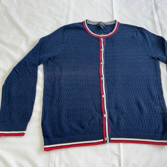 Lands End Navy Cardigan with Red and White Striping - Picture 1 of 4